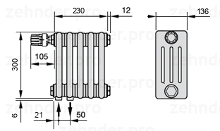 Схема (чертеж) Радиатор Zehnder Charleston 4030/5 №V001 Белый глянцевый RAL 9016